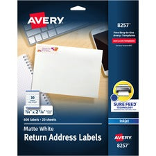 Avery&reg; White Return Address Labels, Sure Feed(R), 3/4" x 2-1/4" , 600 Labels (8257) - 3/4" Width x 2 1/4" Length - Permanent Adhesive - Rectangle - Inkjet - White - Paper - 30 / Sheet - 20 Total Sheets - 600 Total Label(s) - 600 / Pack