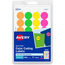Avery&reg; Color Coded Label - 3/4" Diameter - Removable Adhesive - Round - Laser - Neon Green, Neon Orange, Neon Red, Neon Yellow - Paper - 24 / Sheet - 42 Total Sheets - 1008 Total Label(s) - 3