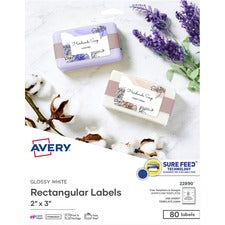 Avery&reg; Glossy White Labels, 2" x 3" , 80 Labels (22890) - 2" Height x 3" Width - Permanent Adhesive - Rectangle - Gloss White - 8 / Sheet - 80 / Pack - Jam-free, Stick & Stay, Smudge Proof, Foldable