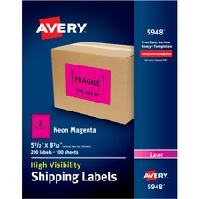 Avery&reg; High Visibility Neon Shipping Labels - 5 1/2" Width x 8 1/2" Length - Permanent Adhesive - Rectangle - Laser - Neon Magenta - Paper - 2 / Sheet - 100 Total Sheets - 200 Total Label(s) - 200 / Box