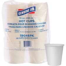 Genuine Joe Lined Disposable Hot Cups - 50 / Pack - 10 fl oz - 250 / Bundle - White - Polyurethane - Hot Drink