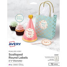 Avery&reg; Gift Label - 2 1/2" Diameter - Permanent Adhesive - Round Scallop - Laser, Inkjet - Ivory - Paper - 9 / Sheet - 8 Total Sheets - 72 Total Label(s) - 72 / Pack