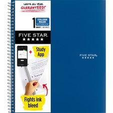 Five Star Wirebound Notebook - 1 Subject(s) - 100 Pages - Wire Bound - College Ruled - Letter - 8 1/2" x 11" - Blue Cover - Double Sided Sheet, Durable, Water Resistant, Wear Resistant, Tear Proof, Spill Resistant, Pocket, Opaque - 1 Each
