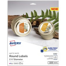 Avery&reg; Matte White Sure Feed Labels - 2 1/2" Diameter - Permanent Adhesive - Round - Laser, Inkjet - White - Paper - 9 / Sheet - 25 Total Sheets - 225 Total Label(s) - 225 / Pack