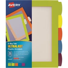 Avery&reg; Ultralast Big Tab Plastic Dividers - 5 x Divider(s) - 5 Write-on Tab(s) - 5 - 5 Tab(s)/Set - 8.5" Divider Width x 11" Divider Length - 3 Hole Punched - Multicolor Plastic Divider - Multicolor Plastic Tab(s) - 1 Each