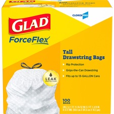CloroxPro&trade; Glad ForceFlex Tall Kitchen Drawstring Trash Bags - 13 gal Capacity - 9 mil (229 Micron) Thickness - White - 72/Bundle - 100 Per Box - Kitchen, Office, Day Care, Restaurant, School