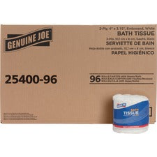 Genuine Joe 2-ply Standard Bath Tissue Rolls - 2 Ply - 3" x 4" - 400 Sheets/Roll - White - Perforated, Absorbent, Soft, Embossed - For Restroom - 96 Rolls Per Container - 96 / Carton
