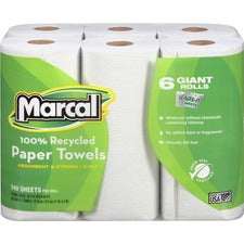 Marcal 100% Recycled Giant Roll Paper Towels - 2 Ply - 140 Sheets/Roll - White - Perforated, Dye-free, Fragrance-free, Strong, Lint-free, Absorbent - 6 Rolls Per Pack - 1 Pack