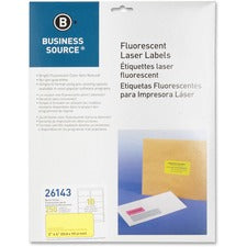 Business Source Neon Labels - 2" x 4" Length - Permanent Adhesive - Rectangle - Laser - Neon Yellow - 10 / Sheet - 250 / Pack - Jam-free, Pressure Sensitive