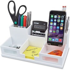 Victor W9525 Pure White Desk Organizer with Smart Phone Holder&trade; - 6 Compartment(s) - 4.0" Height x 5.5" Width x 10.4" Depth - White - Wood, Frosted Glass, Rubber - 1Each
