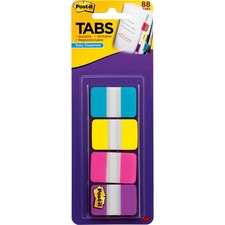 Post-it&reg; Tabs - 88 Write-on Tab(s) - 1.50" Tab Height x 1" Tab Width - Blue, Yellow, Pink, Purple Tab(s) - 88 / Pack