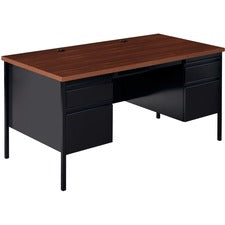 Lorell Fortress Series Double-Pedestal Desk - Rectangle Top - 60" Table Top Width x 30" Table Top Depth x 1.12" Table Top Thickness - 29.50" Height - Assembly Required - Black Walnut, Laminated, Walnut - Steel