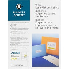 Business Source Bright White Premium-quality Address Labels - 1" x 2 5/8" Length - Permanent Adhesive - Rectangle - Laser, Inkjet - White - 30 / Sheet - 100 Total Sheets - 3000 / Pack - Jam-free