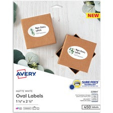Avery&reg; Easy Peel Oval Labels, 22564, 2-1/2&quot;W x 1-1/2&quot;D, White, Pack Of 450 - 1 1/2" Height x 2 1/2" Width - Permanent Adhesive - Oval - Laser, Inkjet - White - Paper - 18 / Sheet - 25 Total Sheets - 450 Total Label(s) - 450 / Pack
