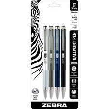 Zebra STEEL 3 Series F-301A Retractable Ballpoint Pen - Fine Pen Point - 0.7 mm Pen Point Size - Retractable - Black - Silver Aluminum, Gray, Navy, Black Barrel - 4 / Pack