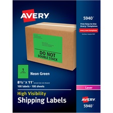 Avery&reg; High Visibility Neon Shipping Labels - 8 1/2" Width x 11" Length - Permanent Adhesive - Rectangle - Laser - Neon Green - Paper - 1 / Sheet - 100 Total Sheets - 100 Total Label(s) - 100 / Box