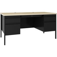 Lorell Fortress Maple Top Double-pedestal Desk - 60" x 29.5"30" , 1.1" Top, 0.8" Modesty Panel - File Drawer(s) - Double Pedestal - Square Edge - Material: Steel - Finish: Black