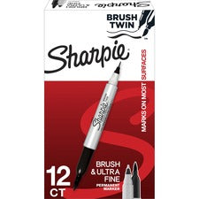 Sharpie Brush Twin Permanent Markers - Fine, Broad, Ultra Fine Marker Point - Black - 12 / Dozen