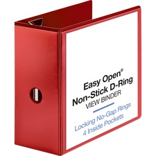 Business Source Red D-ring Binder - 5" Binder Capacity - Letter - 8 1/2" x 11" Sheet Size - D-Ring Fastener(s) - 4 Pocket(s) - Polypropylene - Red - Clear Overlay, Non-stick, Ink-transfer Resistant, Locking Ring - 1 Each