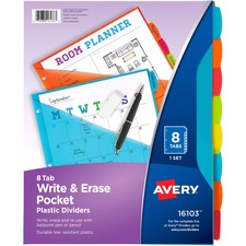 Avery&reg; Write & Erase 8-Tab Plastic Dividers, Pockets, Brights (16103) - Multicolor - Plastic - 2