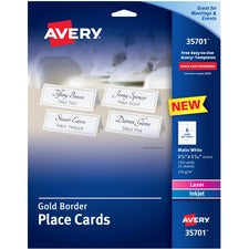 Avery&reg; Place Cards With Gold Border 1-7/16" x 3-3/4" , 65 lbs. 150 Cards - 97 Brightness3 3/4" x 1 7/16" - 65 lb Basis Weight - 176 g/m&#178; Grammage - Matte - 5 / Pack - FSC Mix - Perforated, Print-to-the-edge, Pre-scored