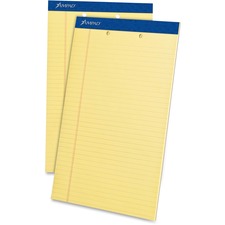 Ampad Writing Pad - 50 Sheets - Stapled - 0.34" Ruled - 2 Hole(s) - 15 lb Basis Weight - Legal - 8 1/2" x 14" - Canary Yellow Paper - Dark Blue Binder - Perforated, Sturdy Back, Chipboard Backing, Tear Resistant - 1 Dozen