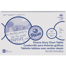 Pacon Ruled Picture Story Chart Tablet - 25 Sheets - Spiral Bound - Both Side Ruling Surface - Ruled - 1.50" Ruled - 7" Picture Story Space - 24" x 16" - White Paper - Punched - Recycled - 1 Each