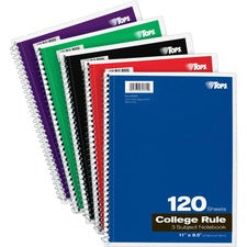 TOPS 3 - subject College Ruled Notebook - Letter - 120 Sheets - Wire Bound - Letter - 8 1/2" x 11" - 0.25" x 8.5" x 11" - Assorted Paper - Black, Red, Blue, Green, Purple Cover - Divider, Perforated - 1 Each