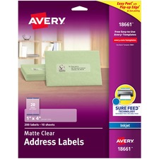 Avery&reg; Easy Peel Inkjet Printer Mailing Labels - 1" Width x 4" Length - Permanent Adhesive - Rectangle - Inkjet - Clear - Film - 20 / Sheet - 10 Total Sheets - 200 Total Label(s) - 5