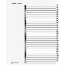 Cardinal OneStep Daily Index System - 31 x Divider(s) - Printed Tab(s) - Digit - 1-31 - 31 Tab(s)/Set - 9" Divider Width x 11" Divider Length - Letter - 8.50" Width x 11" Length - 3 Hole Punched - White Divider - White Tab(s) - 31 / Set