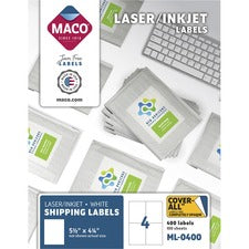 MACO White Laser/Ink Jet Shipping Label - 5 1/2" x 4 1/4" Length - Rectangle - Laser, Inkjet - White - 4 / Sheet - 400 / Box - Lignin-free