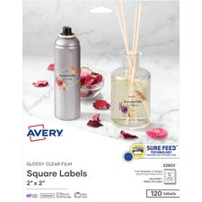 Avery&reg; Sure Feed Glossy Labels - 2" Width x 2" Length - Permanent Adhesive - Square - Laser, Inkjet - Crystal Clear - Film - 12 / Sheet - 10 Total Sheets - 120 Total Label(s) - 120 / Pack
