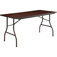 Lorell Economy Folding Table - Melamine Rectangle Top - 60" Table Top Length x 30" Table Top Width x 0.63" Table Top Thickness - 29" Height - Mahogany