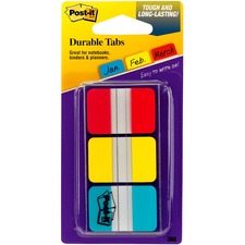 Post-it&reg; Durable Tabs - 36 Write-on Tab(s) - 1.50" Tab Height x 1" Tab Width - Red, Yellow, Blue Tab(s) - 1 / Pack