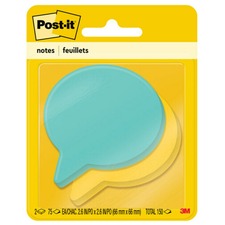 Post-it&reg; Super Sticky Die-Cut Notes - 150 x Assorted - 3" x 3" - Thought Bubble - 75 Sheets per Pad - Blue, Green - Die-cut, Self-adhesive - 2 / Pack