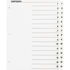 Business Source Table of Content Quick Index Dividers - Printed Tab(s) - Digit - 1-15 - 15 Tab(s)/Set - 8.5" Divider Width x 11" Divider Length - 3 Hole Punched - White Divider - White Mylar Tab(s) - 15 / Set