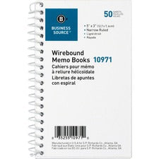 Business Source Side Wirebound Ruled Memo Book - 50 Sheet(s) - Wire Bound - 3" x 5" Sheet Size - White - 1 Dozen