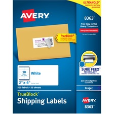 Avery&reg; 2"x4" White Shipping Labels - 8 1/2" Width x 11" Length - Permanent Adhesive - Rectangle - Inkjet - White - Paper - 10 / Sheet - 50 Total Sheets - 500 Total Label(s) - 500 / Box