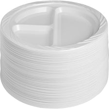 Genuine Joe Round Divided Plates - Disposable - White - Plastic Body - 125 / Pack
