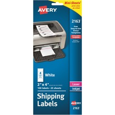 Avery&reg; Mini-Sheets Shipping Label - 2" Width x 4" Length - Permanent Adhesive - Rectangle - Laser, Inkjet - White - Paper - 4 / Sheet - 25 Total Sheets - 100 Total Label(s) - 1