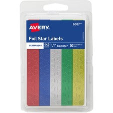 Avery&reg; Assorted Foil Star Labels - Learning Theme/Subject - Star Shape - Permanent Adhesive - 0.50" Height - Red, Blue, Silver, Green, Gold - Paper - 6