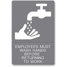 Headline Signs Employees Wash Hands Sign - 1 Each - EMPLOYEES MUST WASH HANDS BEFORE RETURNING TO WORK Print/Message - 6" Width - Adhesive Backing, Durable, Pictogram - Plastic - White, Gray