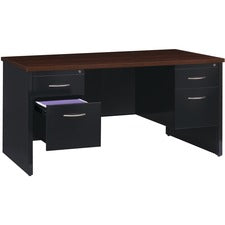 Lorell Walnut Laminate Commercial Steel Desk Series Pedestal Desk - 4-Drawer - 60" x 30" , 1.1" Top - 4 x Box, File Drawer(s) - Double Pedestal - Material: Steel - Finish: Walnut Laminate, Black