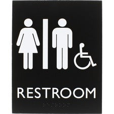 Lorell Restroom Sign - 1 Each - 6.4" Width x 8.5" Height - Rectangular Shape - Easy Readability, Braille - Plastic - Black