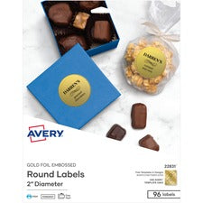 Avery&reg; Promotional Label - 2" Diameter - Permanent Adhesive - Round - Inkjet - Gold - Paper - 12 / Sheet - 8 Total Sheets - 96 Total Label(s) - 5