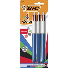 BIC 4-Color Retractable Ball Pen - Medium Pen Point - 1 mm Pen Point Size - Conical Pen Point Style - Refillable - Retractable - Black, Blue, Green, Red - Opaque Blue Barrel - 3 / Pack