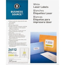 Business Source Bright White Premium-quality Address Labels - 1" x 4" Length - Permanent Adhesive - Rectangle - Laser, Inkjet - White - 20 / Sheet - 100 Total Sheets - 2000 / Pack - Lignin-free, Jam-free