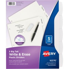 Avery&reg; Big Tab Write & Erase Dividers - 5 x Divider(s) - Write-on Tab(s) - 5 - 5 Tab(s)/Set - 8.5" Divider Width x 11" Divider Length - 3 Hole Punched - White Plastic Divider - White Plastic Tab(s) - 3