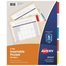 Avery&reg; Insertable 5-Tab Dividers - 5 x Divider(s) - 5 Tab(s) - 5 - 5 Tab(s)/Set - 9.3" Divider Width x 11.13" Divider Length - 3 Hole Punched - Buff Paper Divider - Multicolor Paper Tab(s) - 1