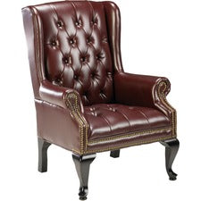 Lorell 777 QA Queen Anne Wing-Back Reception Chair - Burgundy Vinyl Seat - Mahogany Hardwood Frame - Four-legged Base - Oxblood - Wood - 1 Each